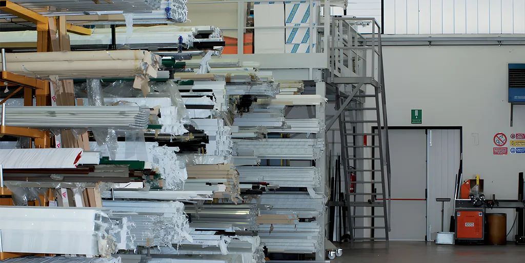 Il magazzino profili della sede SystemGlass a Senigallia